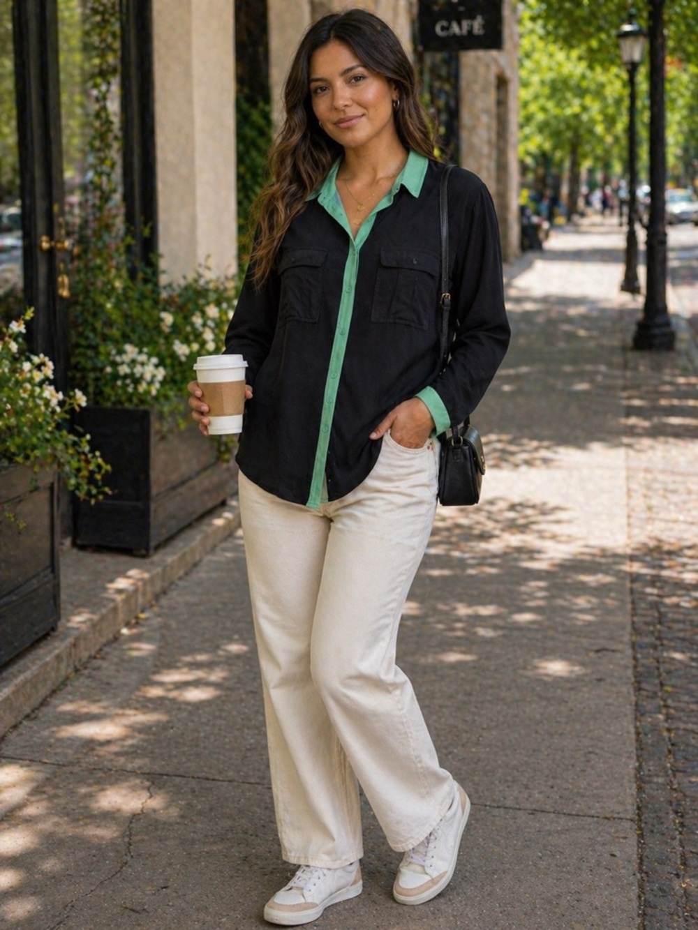 Maeve Anthropologie navy Button-Down Shirt with mint Trim